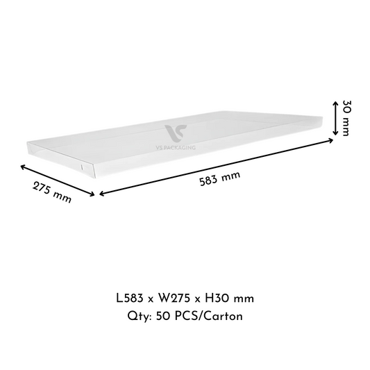 PET Clear Lids for Corrugated Catering Tray Premium Large – 583×275×30mm supplied by VS Packaging Australia (50pcs / Carton)