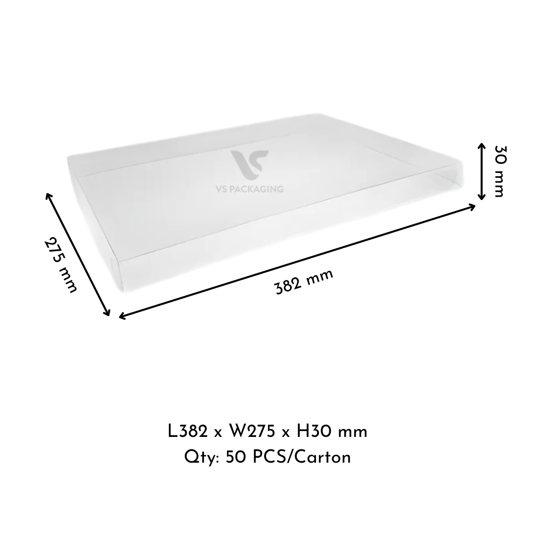 PET Clear Lids for Corrugated Catering Tray Premium Medium – 382×275×30mm supplied by VS Packaging Australia (50pcs / Carton)
