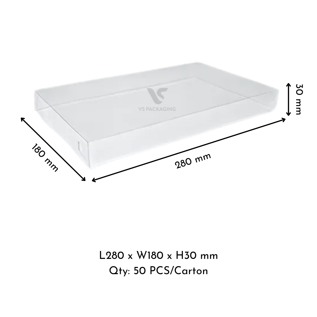 PET Clear Lids for Corrugated Catering Tray (Premium) Small – 280×180×30mm supplied by VS Packaging Australia (50pcs / Carton)