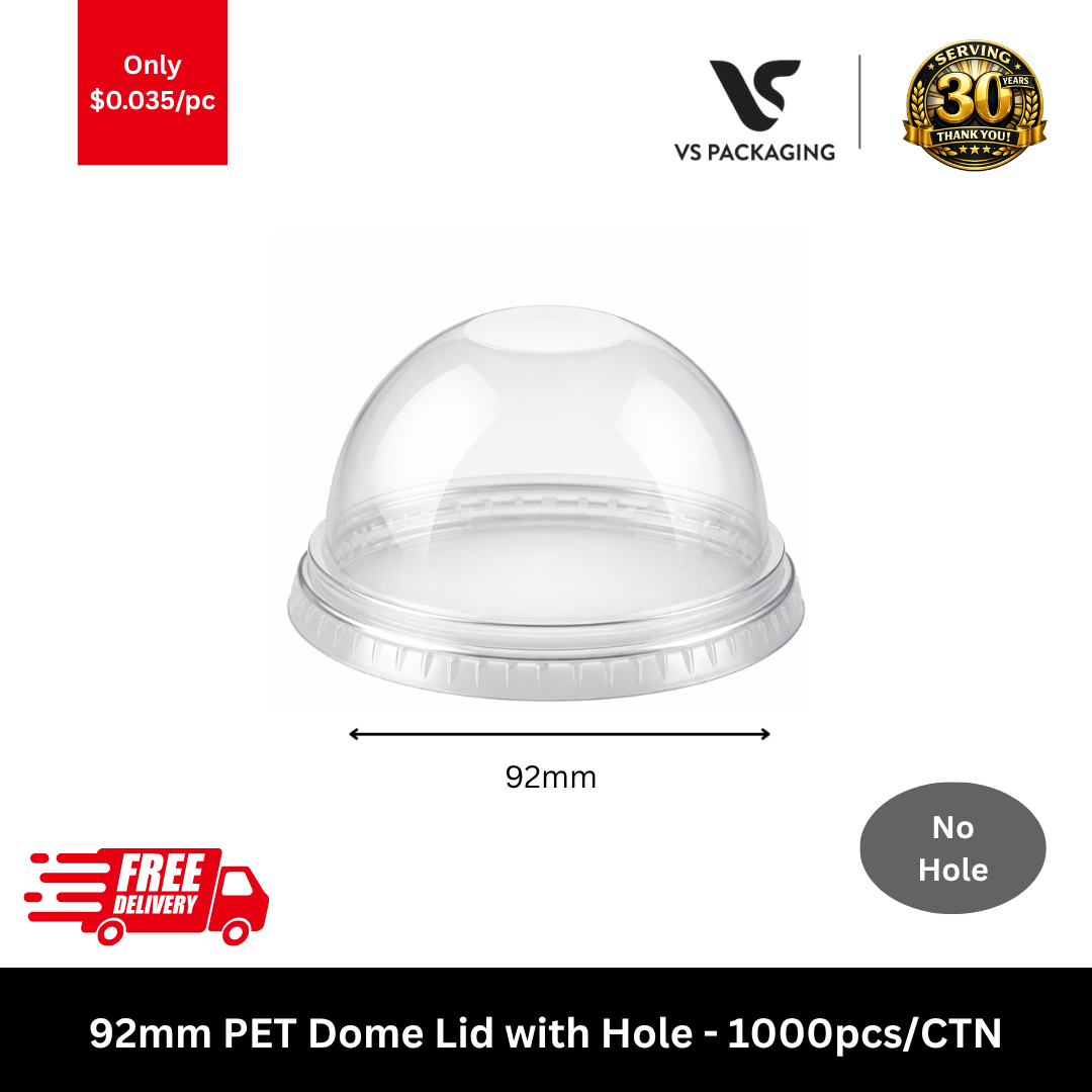 Clear 92mm PET dome lids without hole for 8oz to 12oz cups used in takeaway drinks and dessert packaging Australia