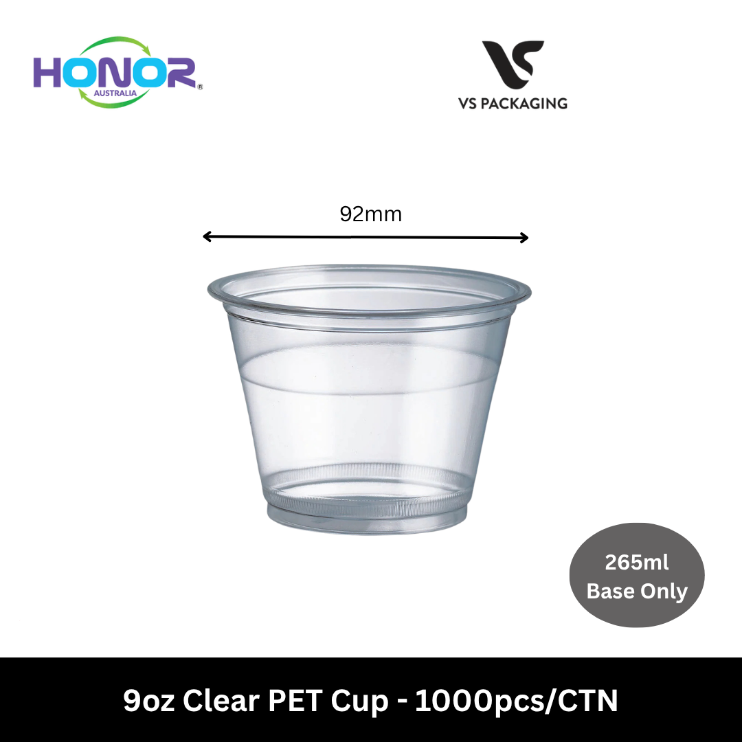 Clear 9oz PET cups 265ml base only Honor brand for takeaway drinks Australia