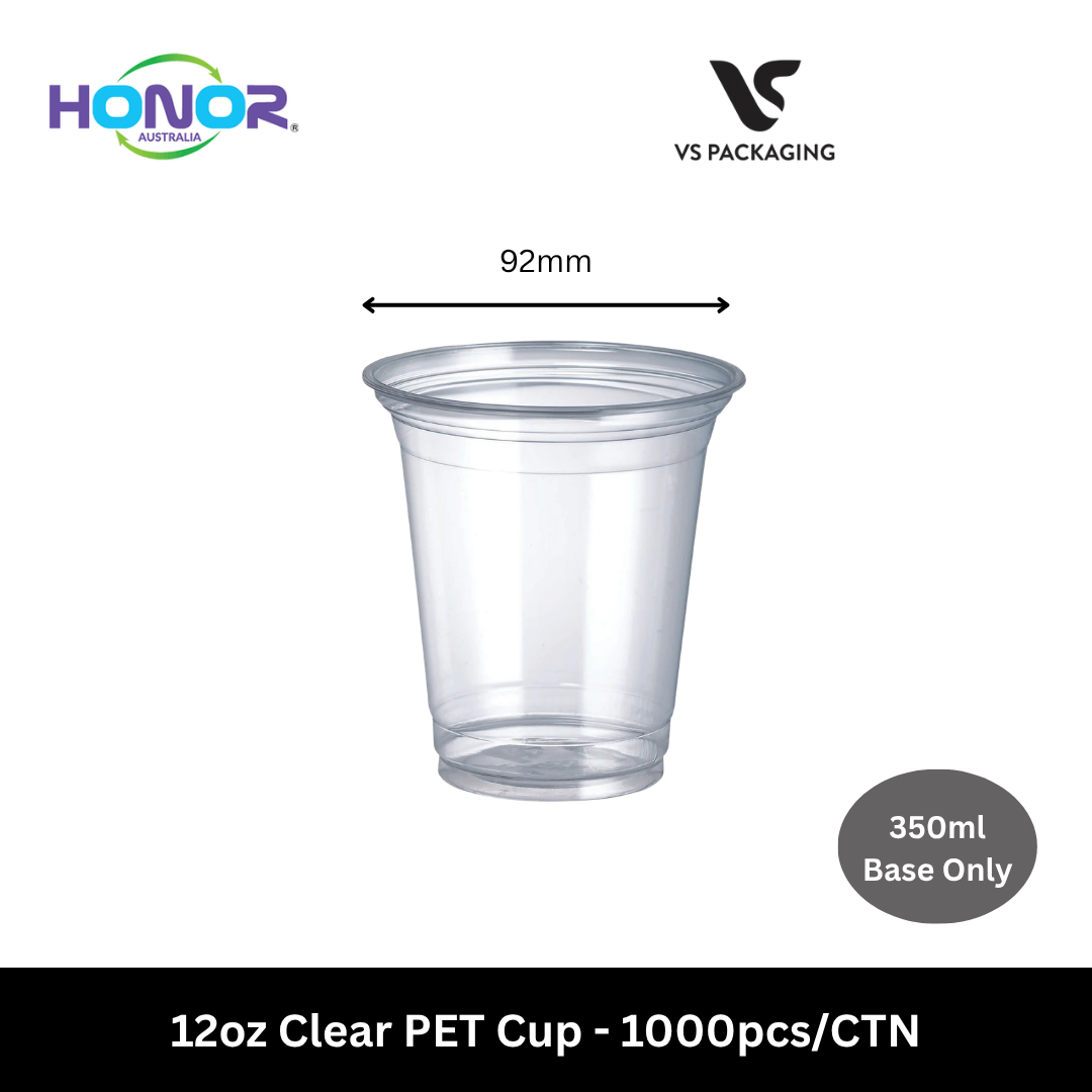 Clear 12oz PET cups 350ml base only Honor brand for takeaway drinks Australia