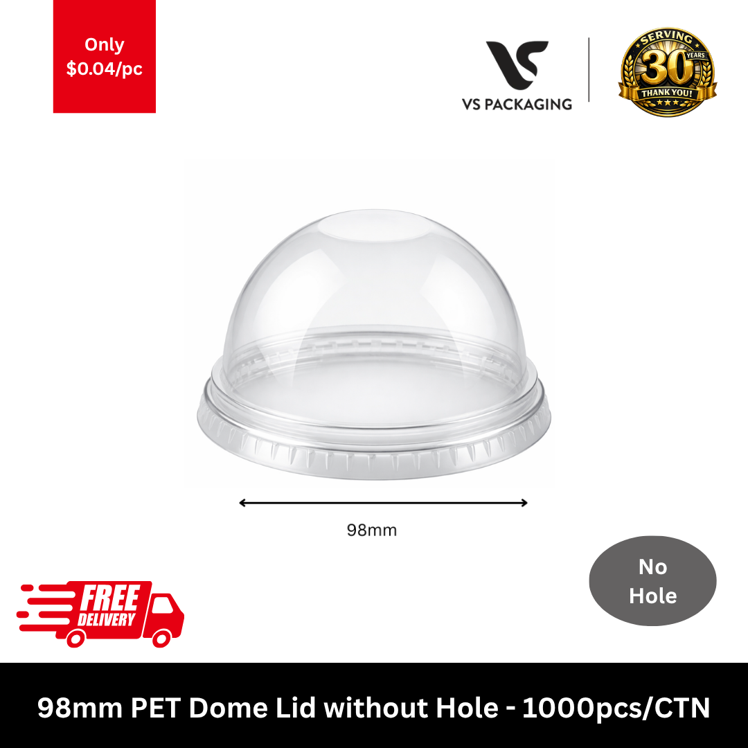 Clear 98mm PET dome lids without hole for 14oz to 24oz cups used in takeaway drinks and dessert packaging Australia