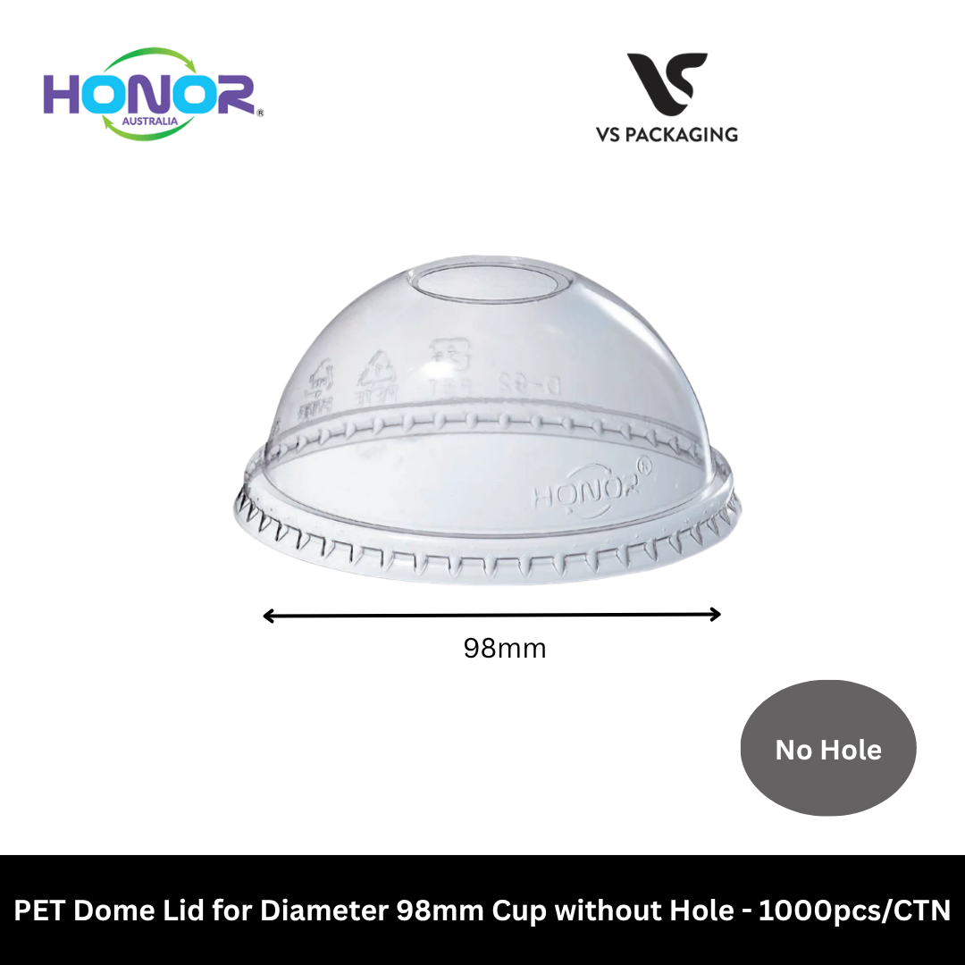 Clear 98mm PET dome lids without hole for takeaway drink cups and desserts Australia
