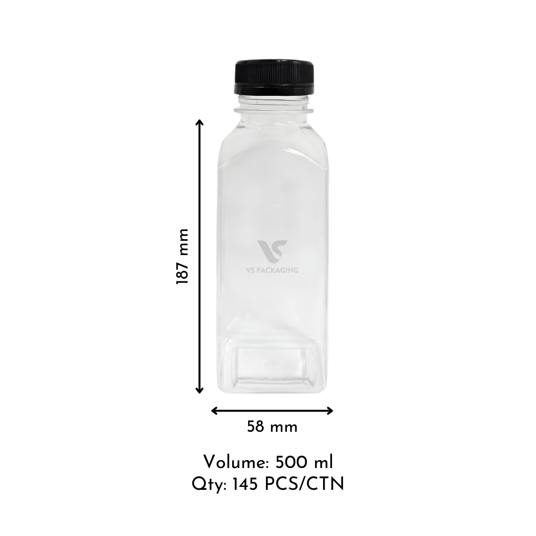 500 ml PET Juice Bottle – clear food-grade plastic bottle with black tamper-evident lid, recyclable and leak-resistant, 145 per carton.