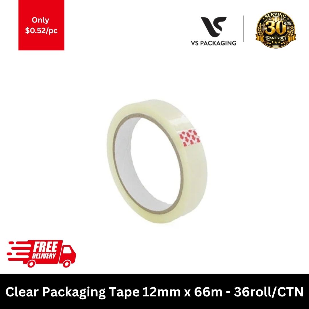 Clear packaging tape 12mm x 66m narrow sealing tape for small parcels and light packing