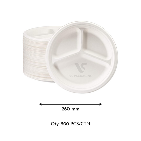 10" Sugarcane Round Plates with 3 Compartments – Compostable Plates – VS Packaging