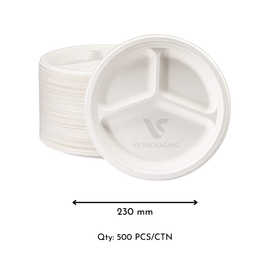 9" Sugarcane Round Plates with 3 Compartments – Eco-Friendly Compostable – VS Packaging