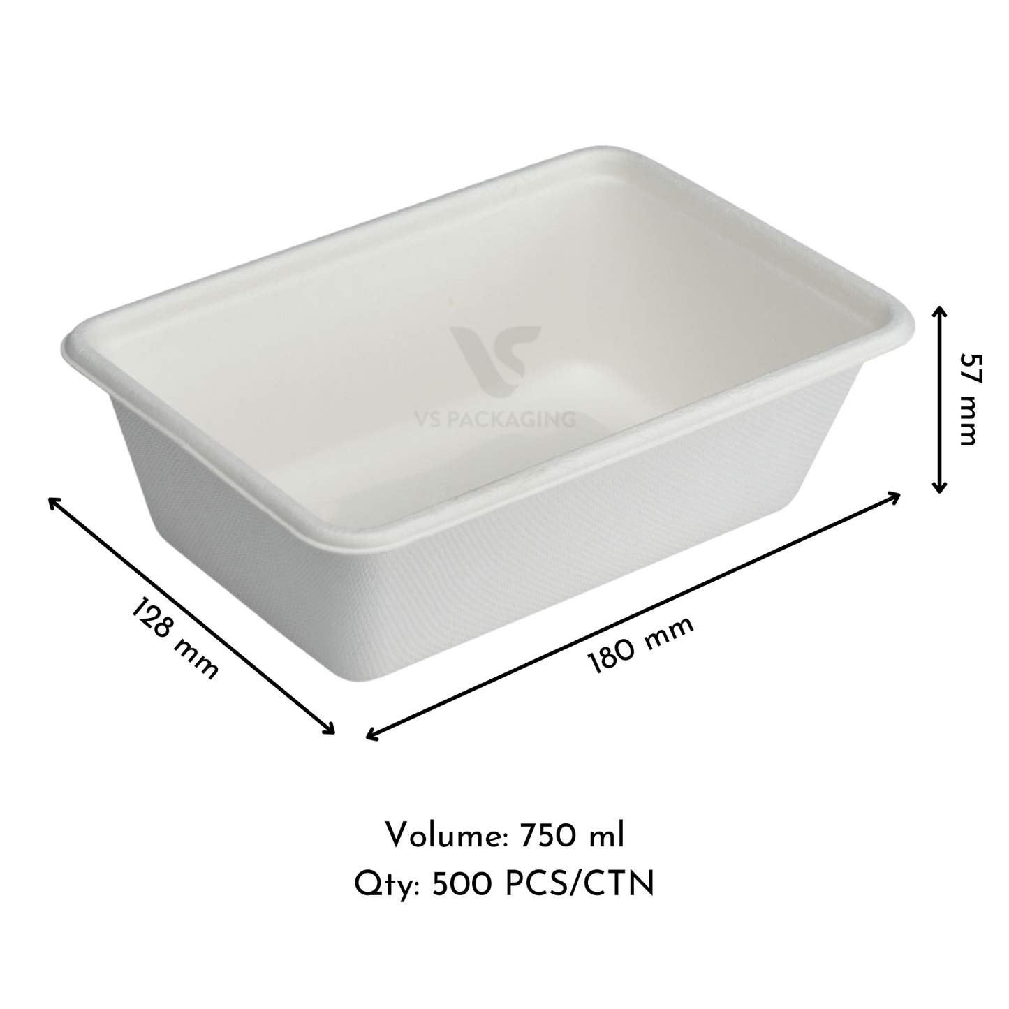 750ml Sugarcane Rectangular Takeaway Container – Compostable – VS Packaging