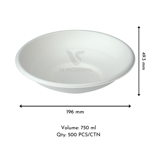 24oz Sugarcane Salad Noodle Bowl – White Compostable 750ml – VS Packaging