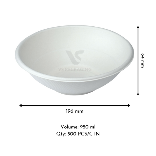 32oz Sugarcane Salad Noodle Bowl – White – 950ml – Compostable Packaging – VS Packaging