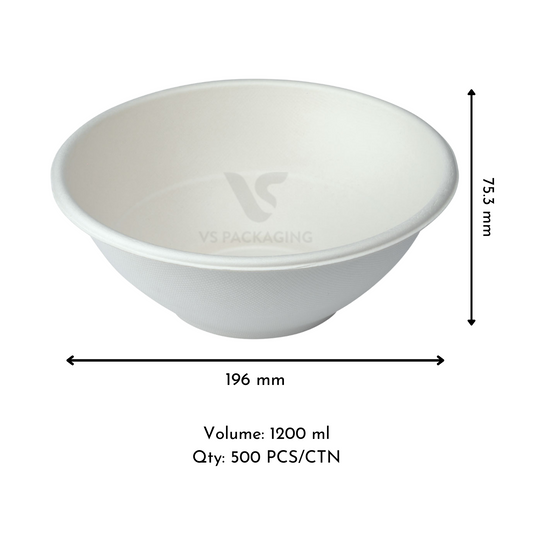 48oz White Sugarcane Salad Noodle Bowl – Compostable – 1200ml – VS Packaging