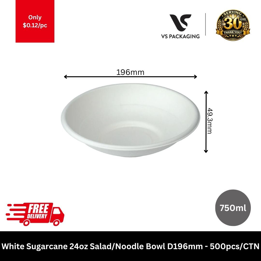 White sugarcane 24oz salad noodle bowl 196mm 750ml compostable takeaway bowls eco friendly for cafes restaurants Australia