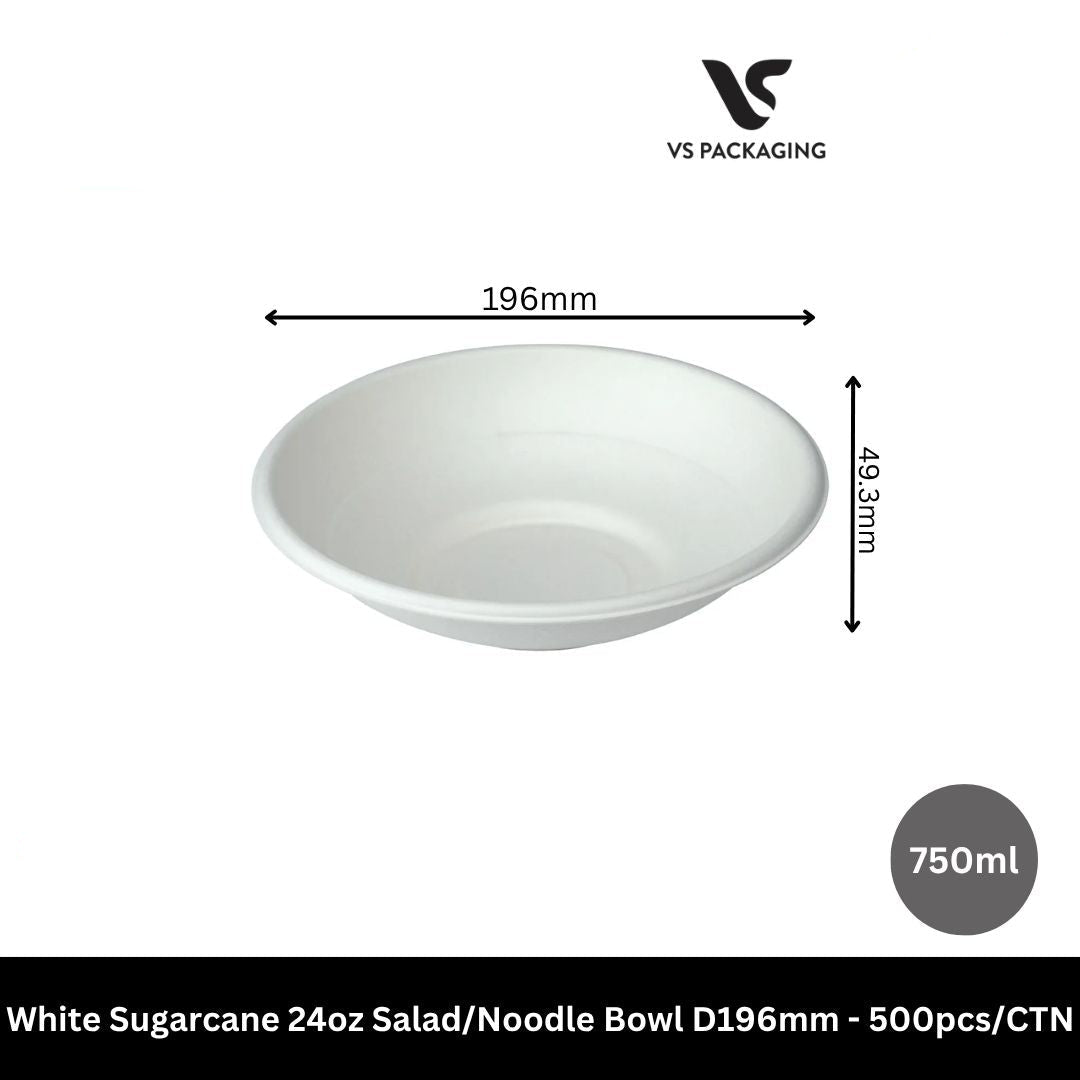 White sugarcane 24oz salad noodle bowl 196mm 750ml compostable takeaway bowls eco friendly for cafes restaurants Australia