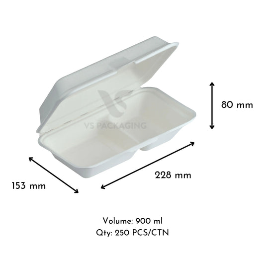 Sugarcane Snack Box Regular with 2 Compartments (900ml) - VS Packaging