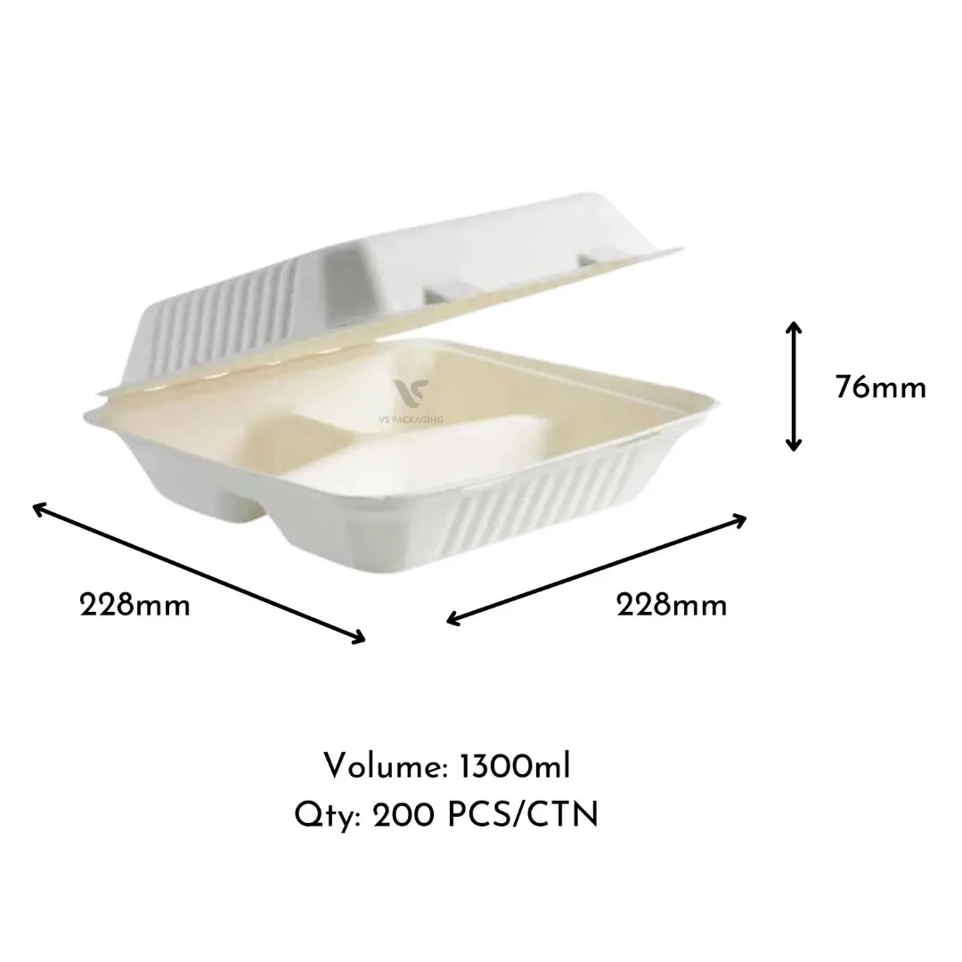 Sugarcane 9" Dinner Box with 3 Compartments (Large) - VS Packaging
