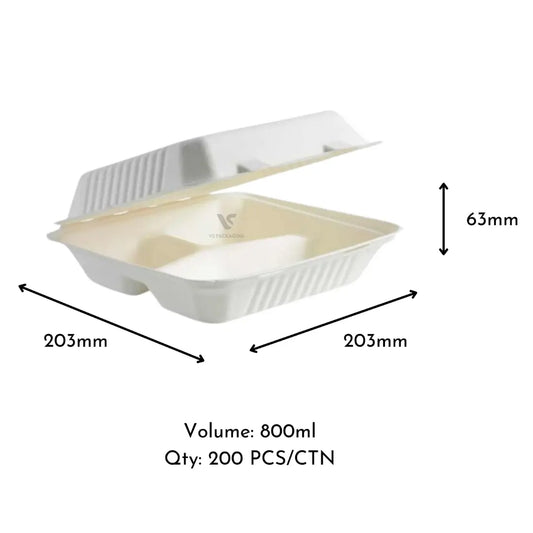 Sugarcane 8" Dinner Box with 3 Compartments (Small) - VS Packaging