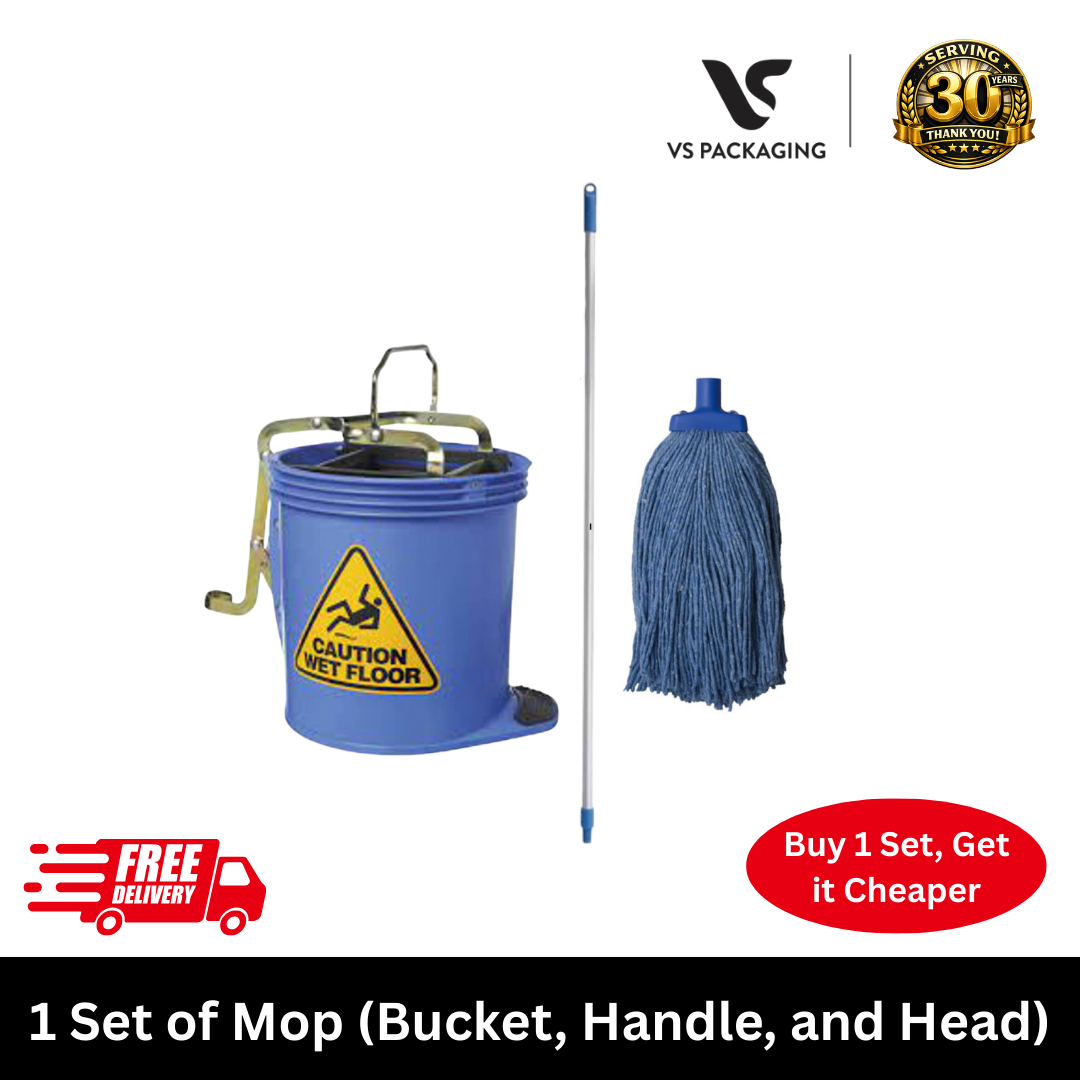 Complete Mop Set – Mop Bucket, Handle & Mop Head 400g for Commercial Cleaning VS Packaging