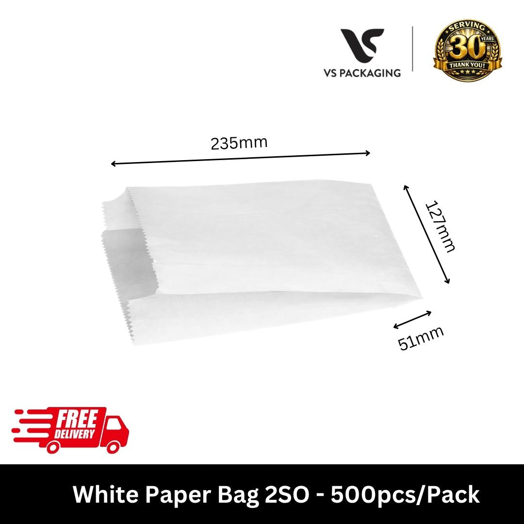white paper bag 2SO 235x127x51mm bulk 500pcs Australia sandwich takeaway bag for cafe bakery restaurant retail