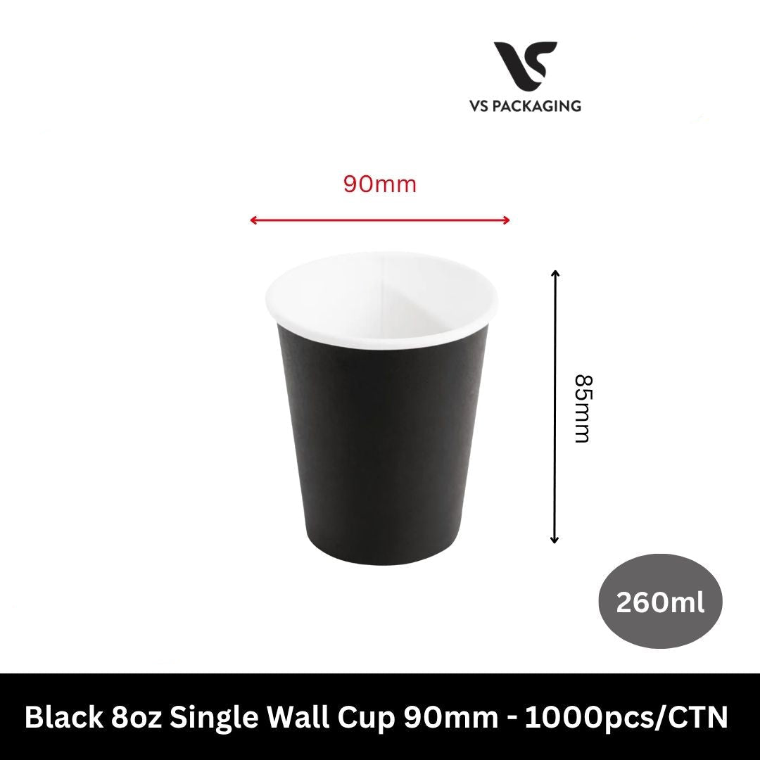 Black 8oz paper coffee cups 260ml 90mm single wall bulk 1000pcs compatible with 90mm lids cafes Australia