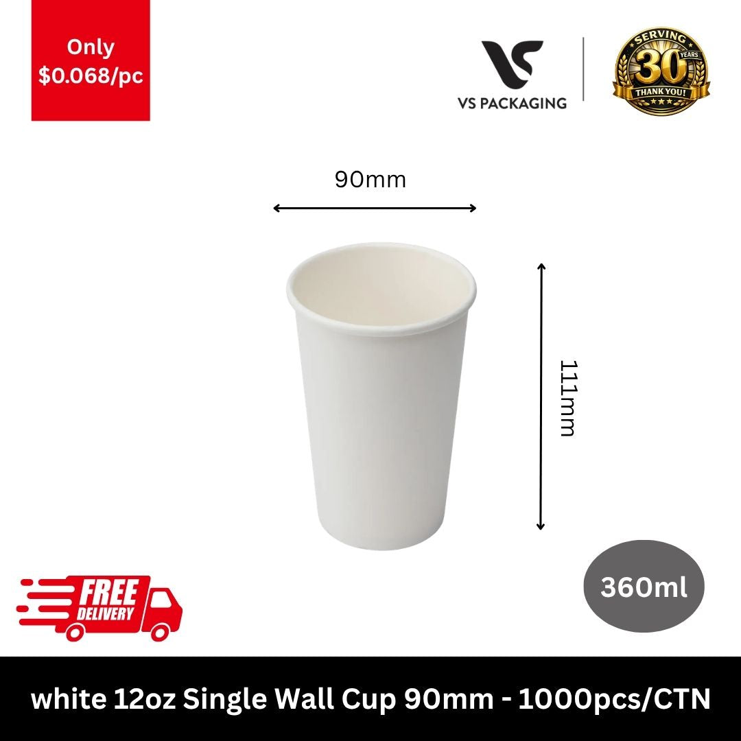 White 12oz paper coffee cups 360ml 90mm single wall bulk 1000pcs compatible with 90mm lids cafes Australia