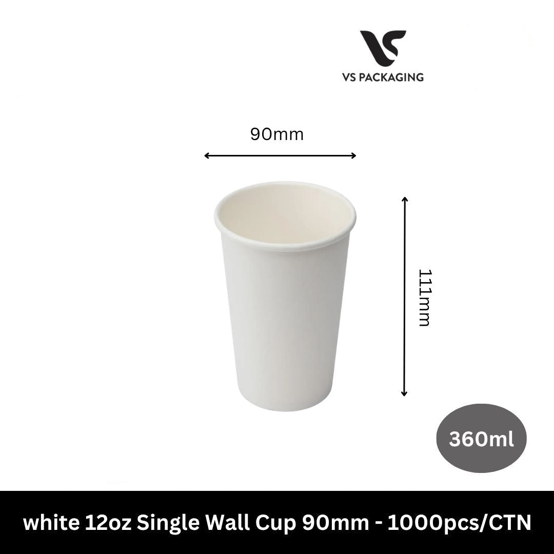 White 12oz paper coffee cups 360ml 90mm single wall bulk 1000pcs compatible with 90mm lids cafes Australia
