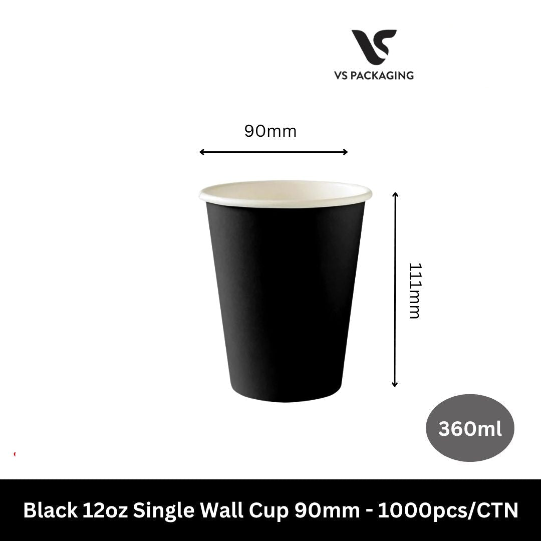Black 12oz paper coffee cups 360ml 90mm single wall bulk 1000pcs compatible with 90mm lids cafes Australia