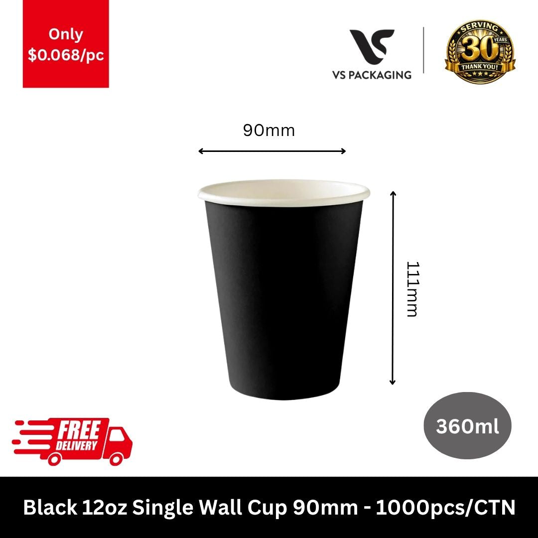 Black 12oz paper coffee cups 360ml 90mm single wall bulk 1000pcs compatible with 90mm lids cafes Australia