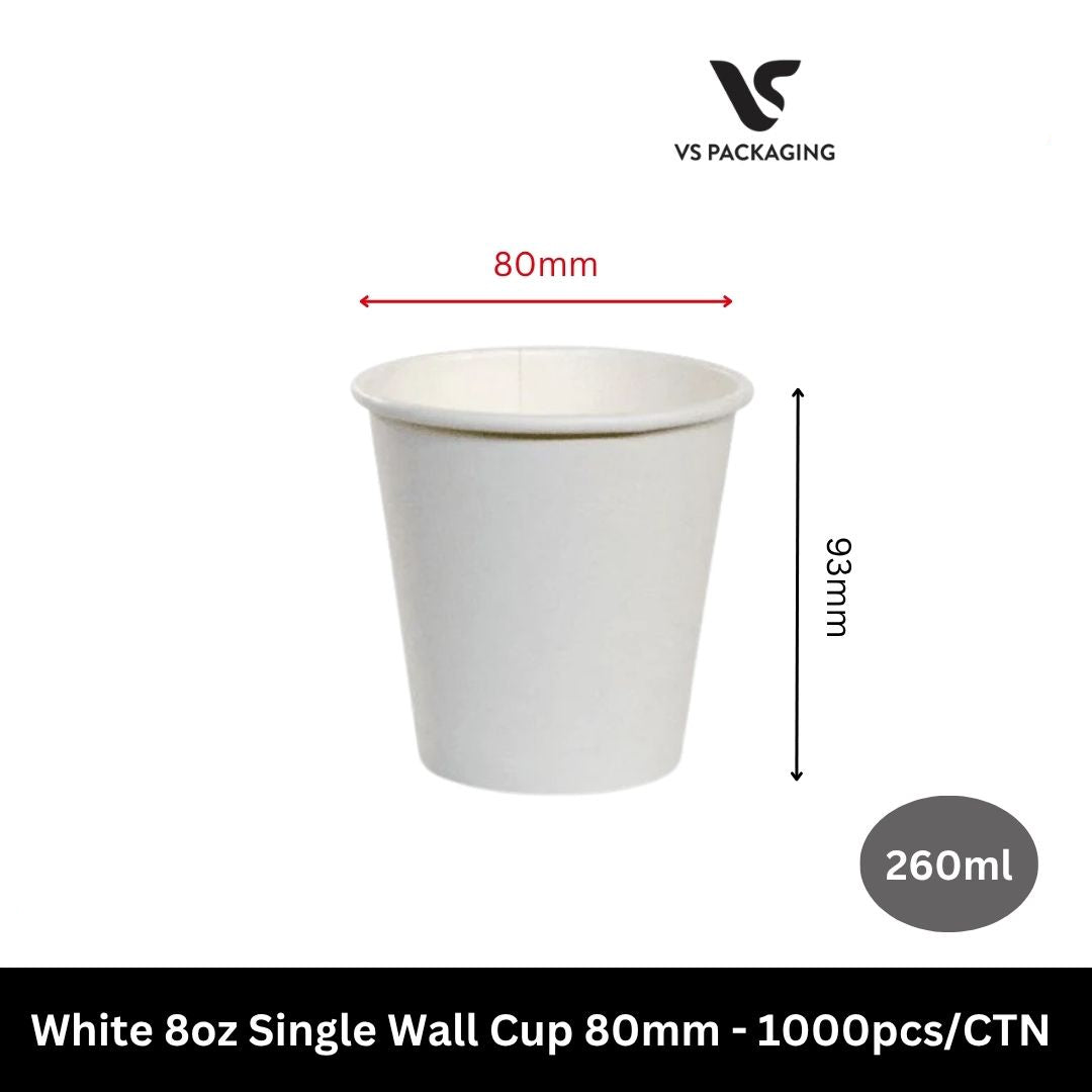White 8oz paper coffee cups 260ml 80mm single wall bulk 1000pcs for cafes takeaway and hospitality Australia