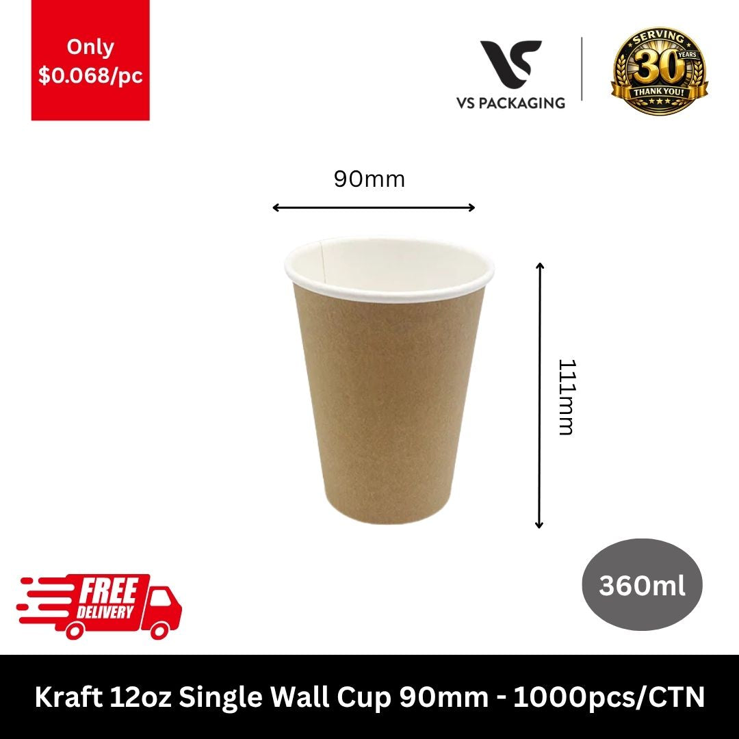 Kraft 12oz single wall paper coffee cups 360ml 90mm takeaway cups Australia