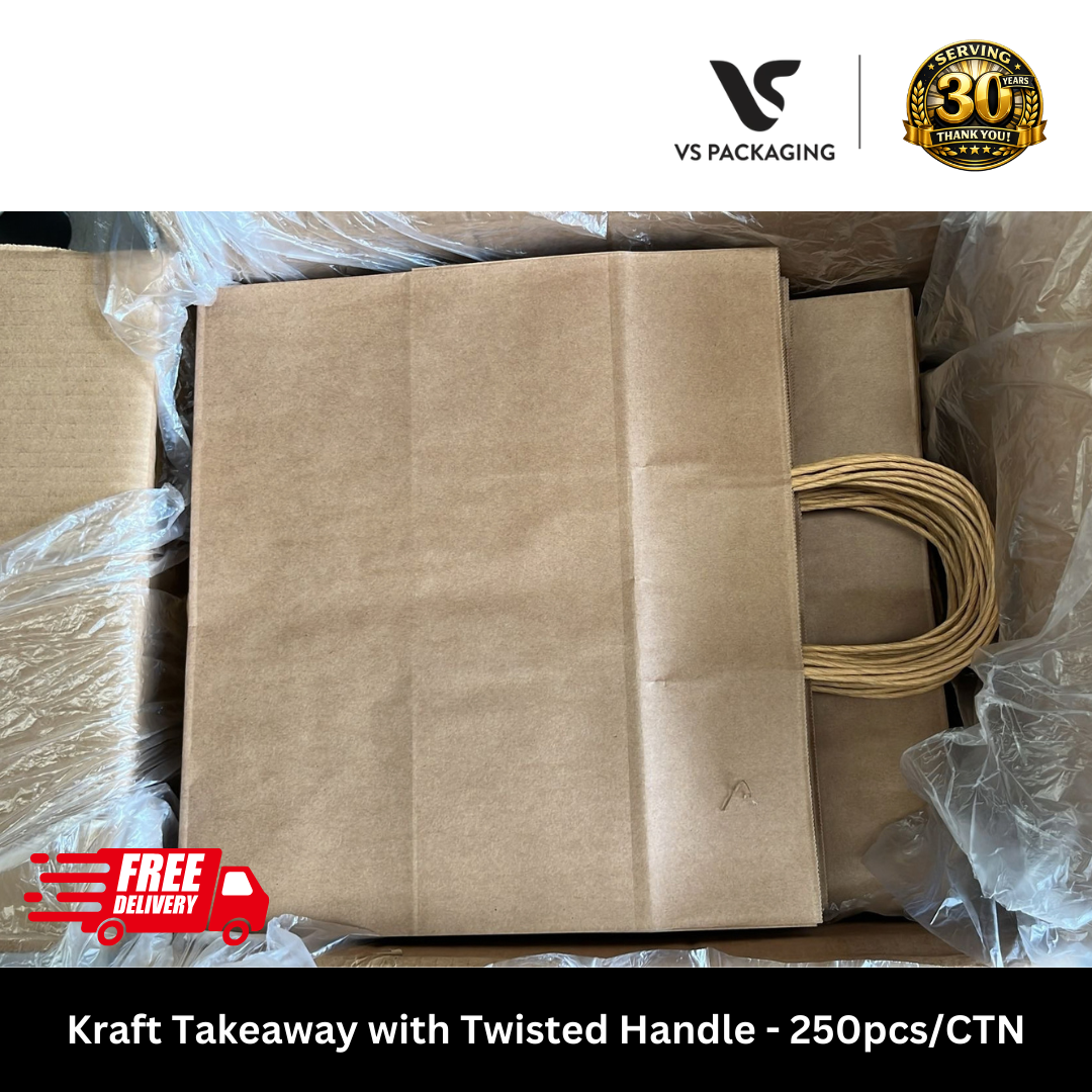Kraft takeaway paper bag with twisted handle 280x280x160mm small 90gsm for cafes restaurants takeaway and food delivery