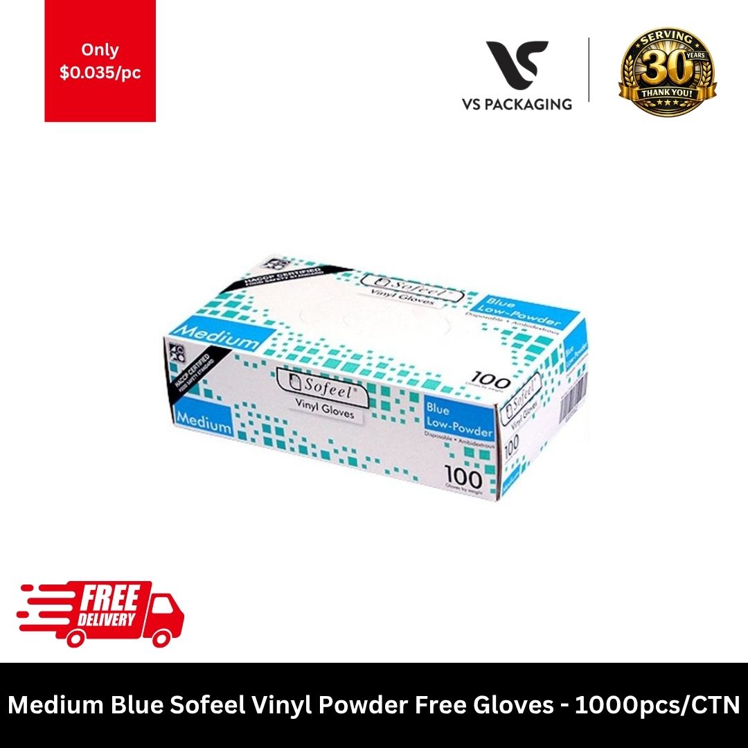 Medium Sofeel blue vinyl powder free HACCP disposable gloves food handling cleaning catering 1000pcs carton