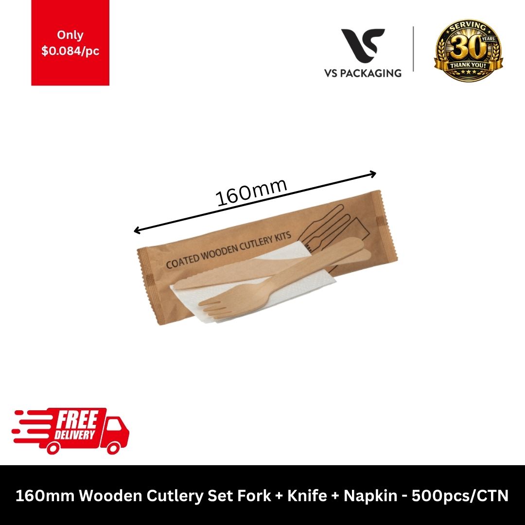 160mm wooden cutlery set fork knife napkin individually wrapped eco friendly 500pcs bulk Australia
