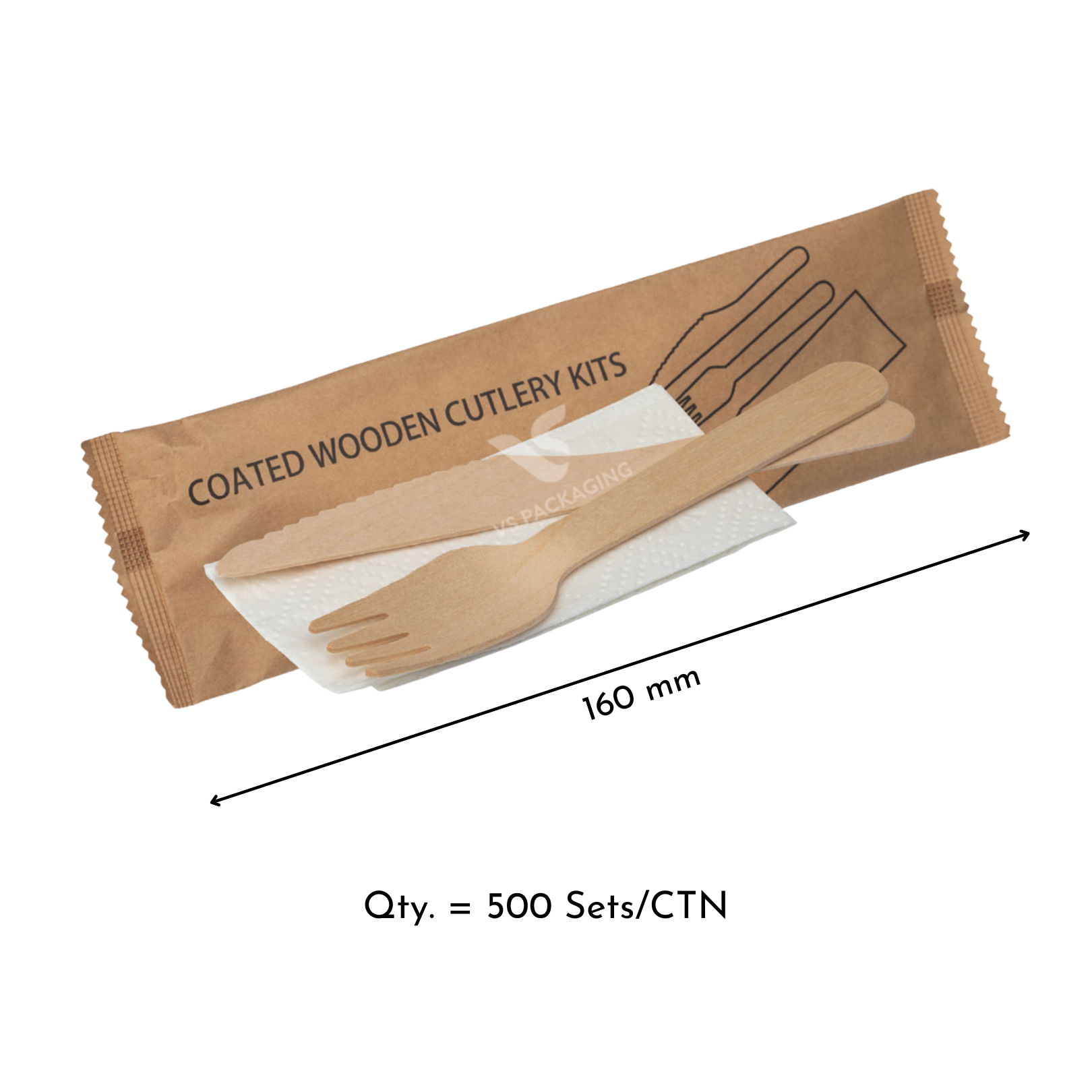 Wooden Cutlery Set with Fork, Knife & Napkin – 160mm – Eco-Friendly – VS Packaging