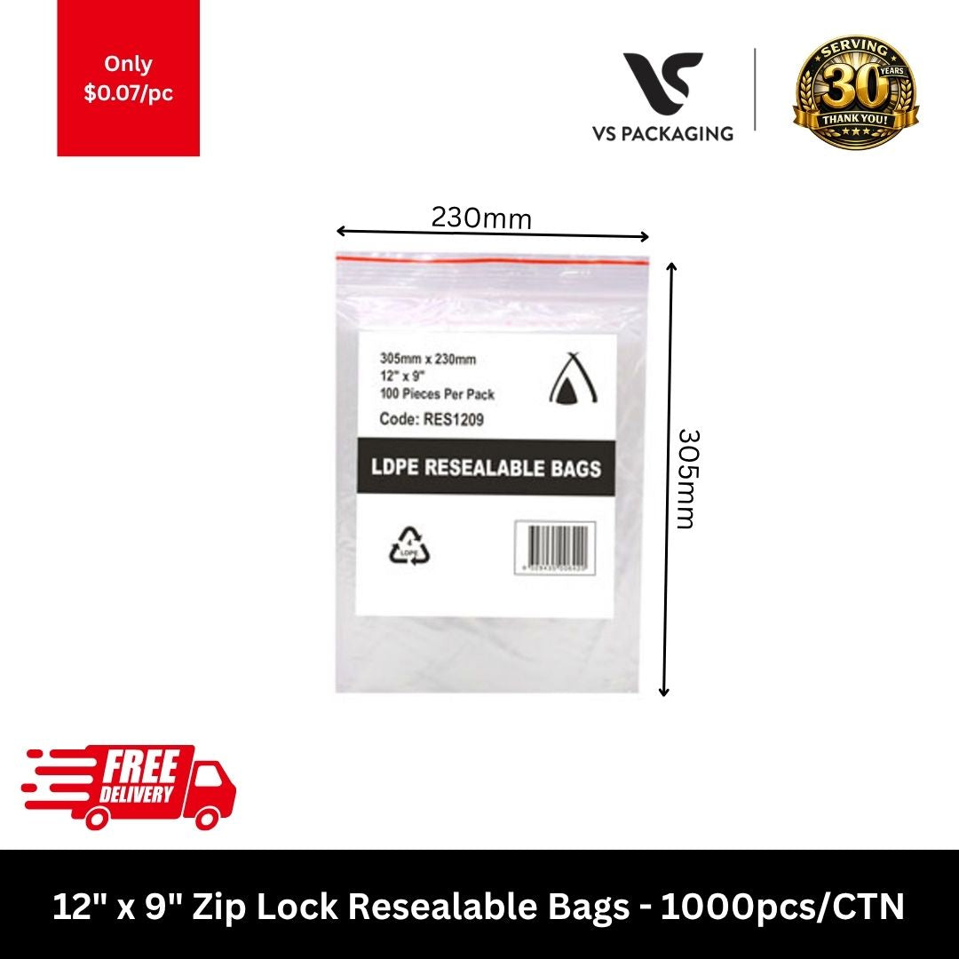 12 x 9 inch clear zip lock resealable bags 305mm x 230mm 1000pcs carton packaging supplies