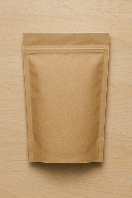 Kraft paper stand-up pouch with zip lock for food packaging, supplied by VS Packaging Australia. Ideal for eco-friendly and resealable food storage