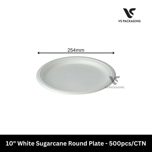 10" White Sugarcane Round Plate - 500pcs/CTN VS Packaging