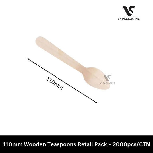 110mm Wooden Teaspoons Retail Pack Eco-Friendly Disposable – 2000pcs/CTN VS Packaging