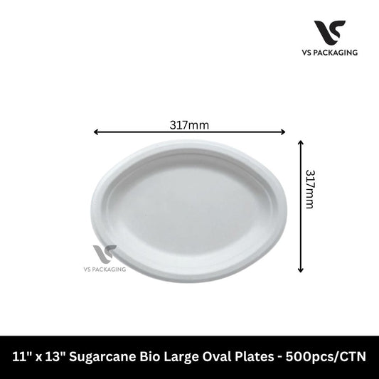 11″ × 13″ White Sugarcane Bio Large Oval Plates - 500pcs/CTN VS Packaging