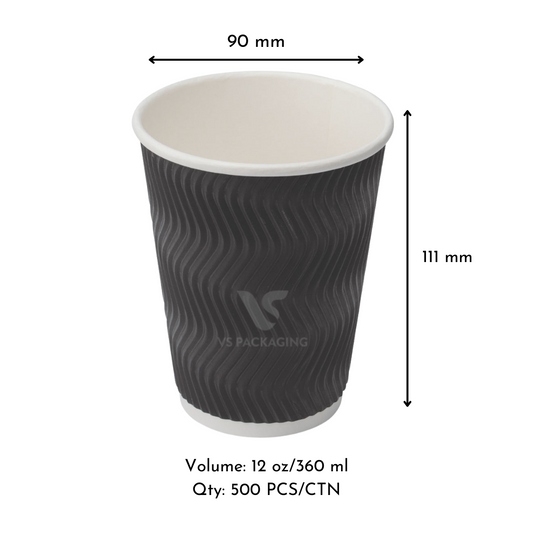 12oz Black Ripple Wall Coffee Cups – 90mm (500pcs) by VS Packaging