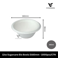 12oz Sugarcane Bio Bowls D160mm - 1000pcs/CTN VS Packaging