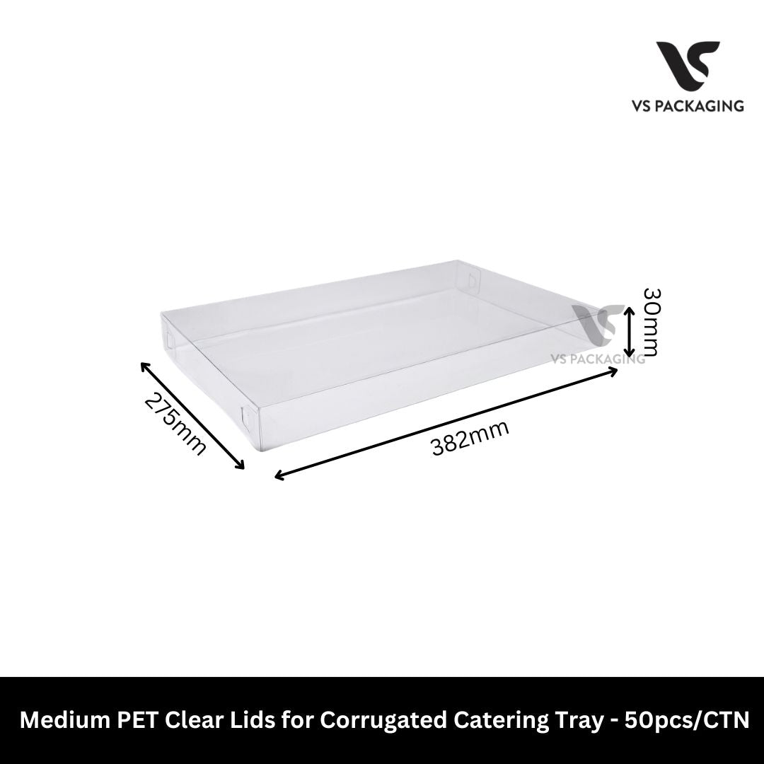 Medium PET clear lid for corrugated catering tray used for sandwich platters, bakery display and takeaway catering packaging