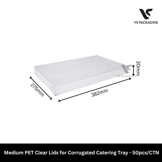 Medium PET clear lid for corrugated catering tray used for sandwich platters, bakery display and takeaway catering packaging