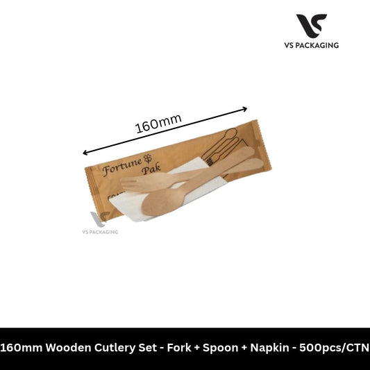160mm Wooden Cutlery Set Fork Spoon Napkin Eco-Friendly Individually Wrapped – 500pcs/CTN VS Packaging
