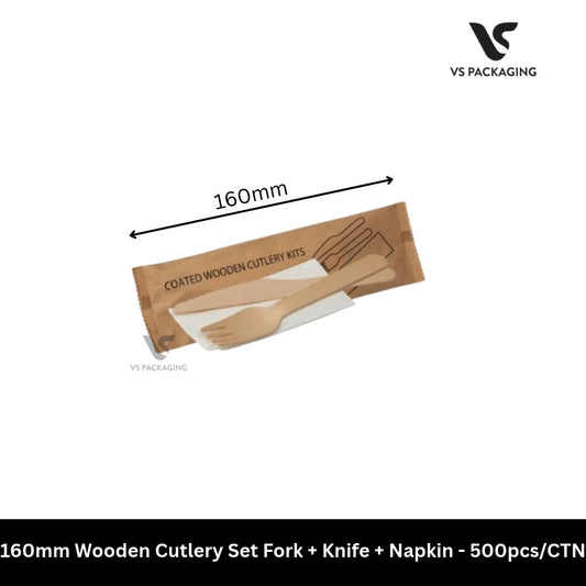160mm Wooden Cutlery Set Fork Knife Napkin Eco-Friendly Individually Wrapped – 500pcs/CTN VS Packaging