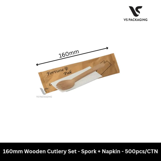 160mm Wooden Cutlery Set Spork Napkin Eco-Friendly Individually Wrapped – 500pcs/CTN VS Packaging