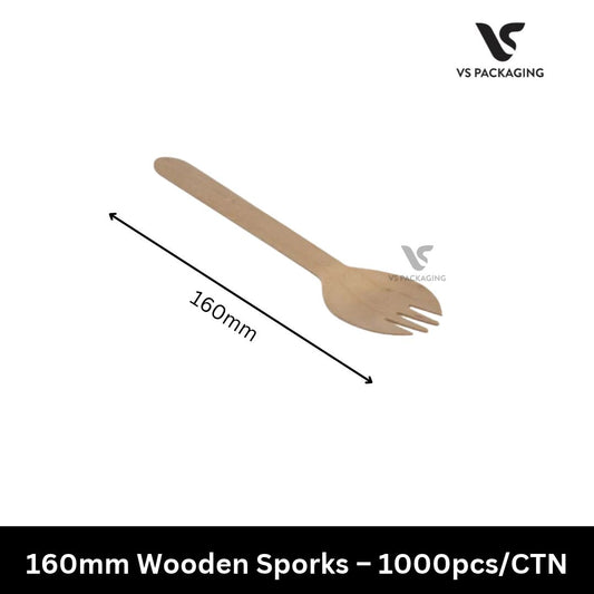 160mm Wooden Sporks Coated Eco-Friendly Disposable Cutlery – 1000pcs/CTN VS Packaging