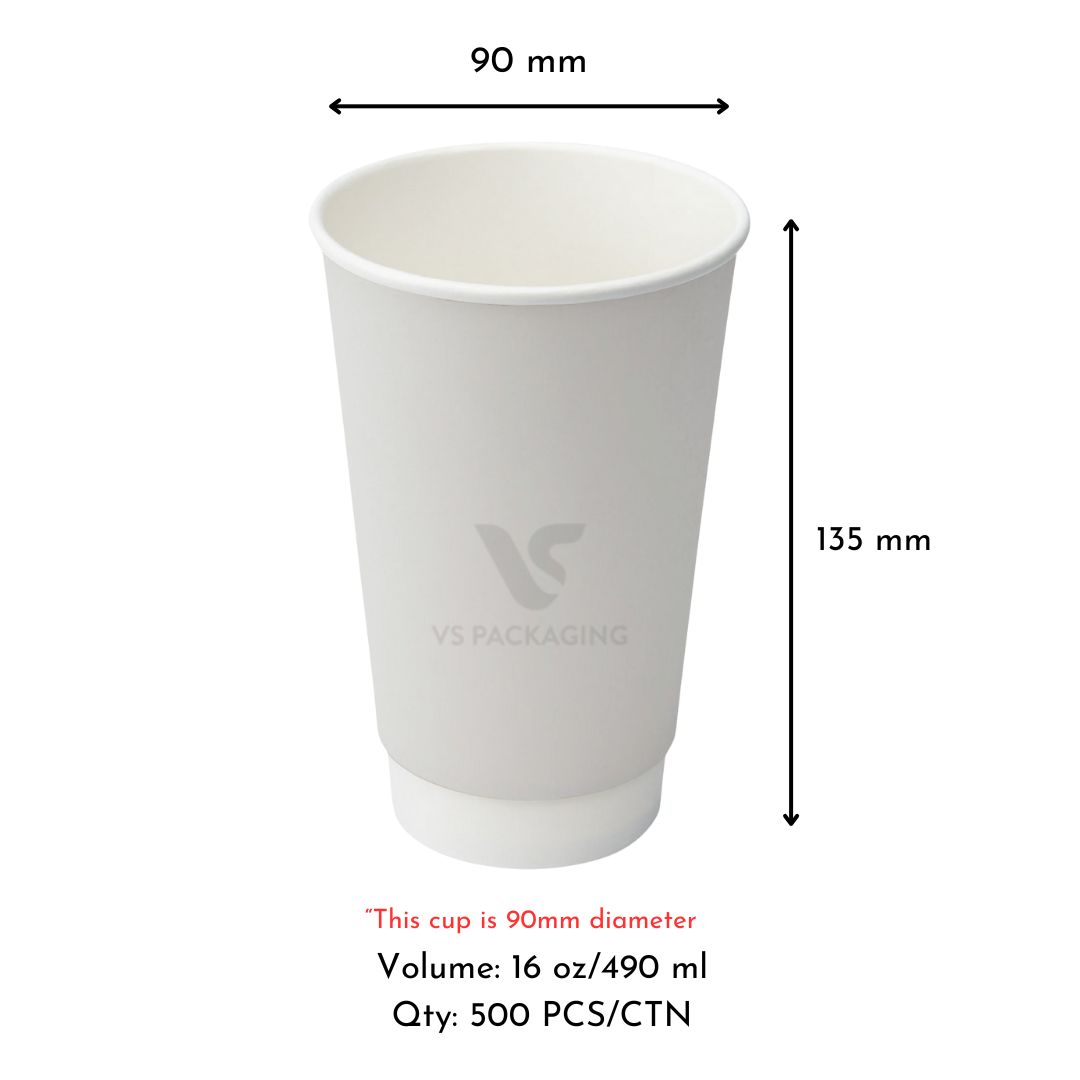 16oz White Double Wall Paper Coffee Cups – 90mm (500pcs) by VS Packaging