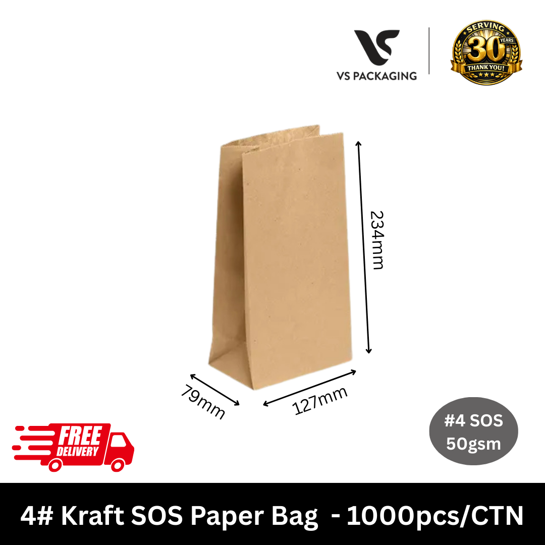 4 kraft SOS paper bag 234x127x79mm MG unbleached 50gsm bulk 1000pcs Australia small takeaway bag for cafes bakery retail