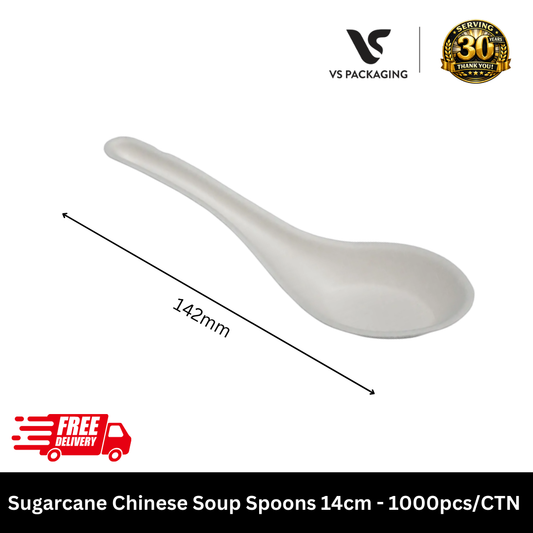 Sugarcane Chinese Soup Spoons 14cm white compostable bagasse cutlery for restaurants and catering 1000 count.